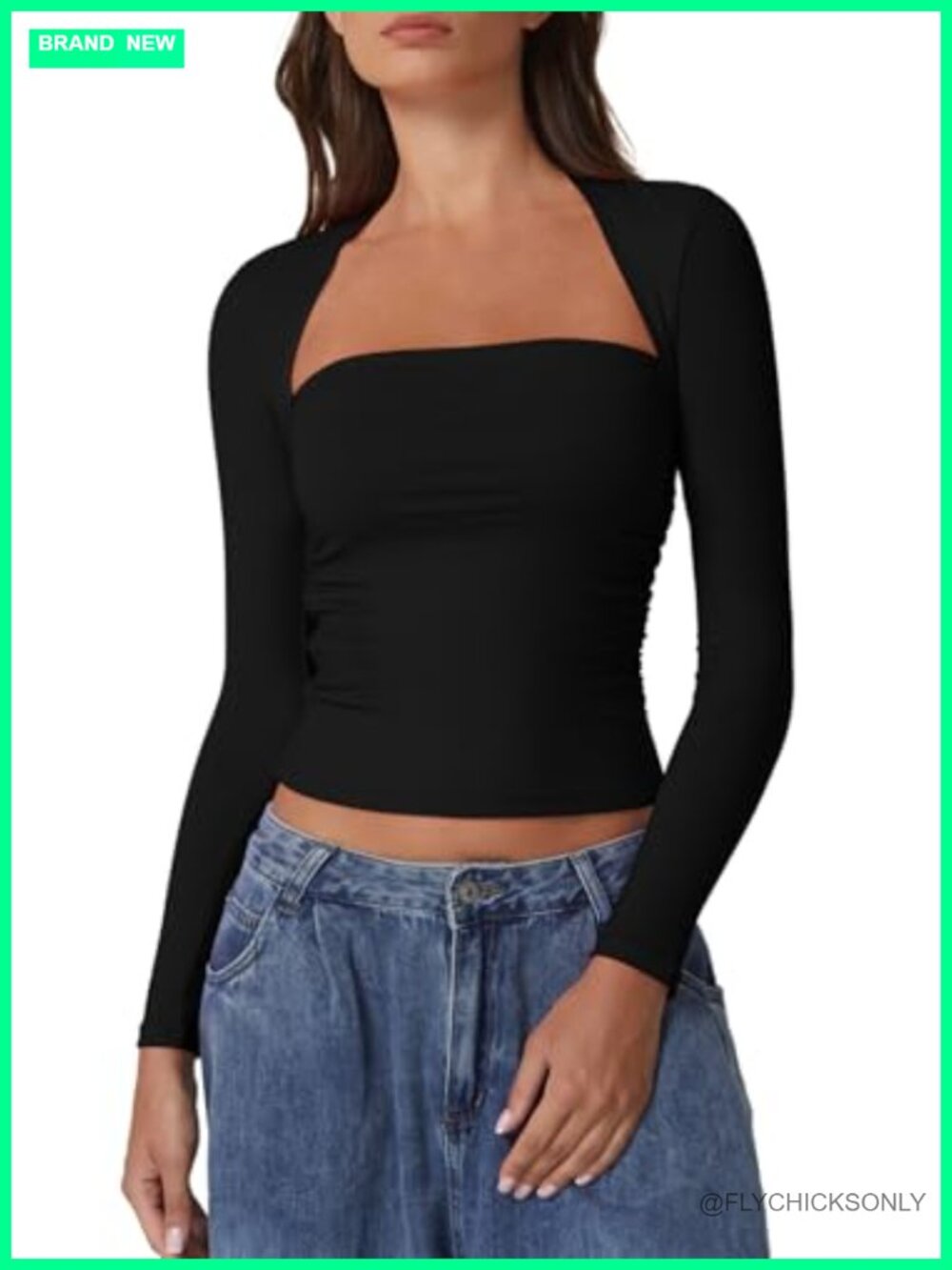 Long Sleeve Square Neck Crop Top Slim Fit Pullover Going Out Tee